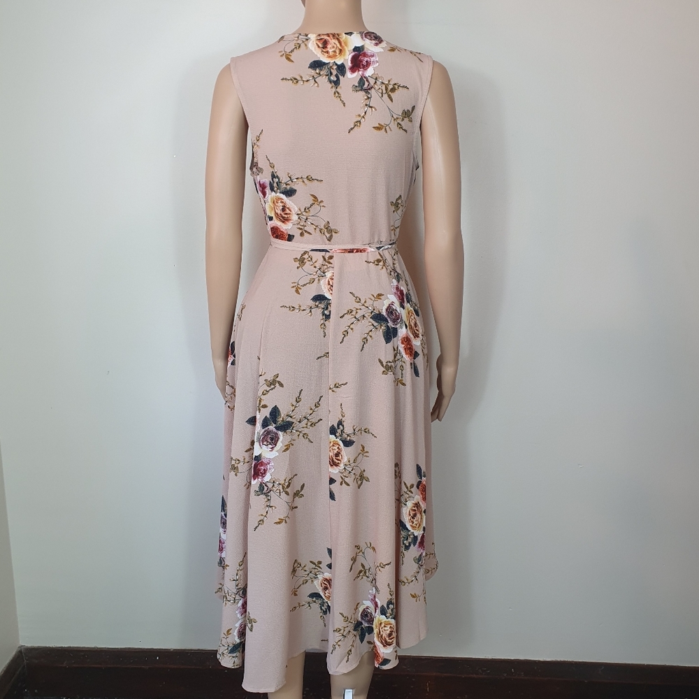 NWOT Floral wrap dress boho Sze 10-12 belted Hi-Low Beige summer dress - Picture 7 of 8